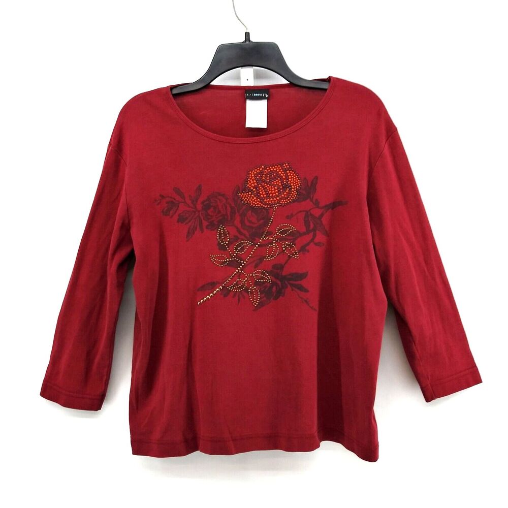 Trilllogy Shirt Womens Size L Red Floral Beaded Pullover Knit Blouse Top